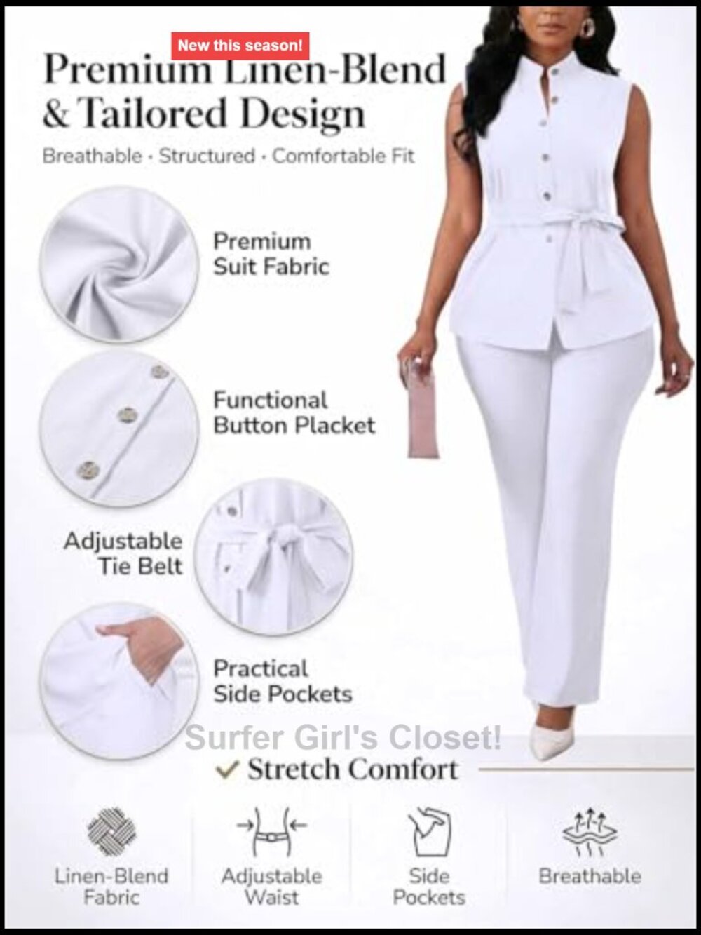 Sleeveless Belt Button Down Shirts Flare Pant Business Suit Set Dressy Pantsuits - Picture 6 of 7